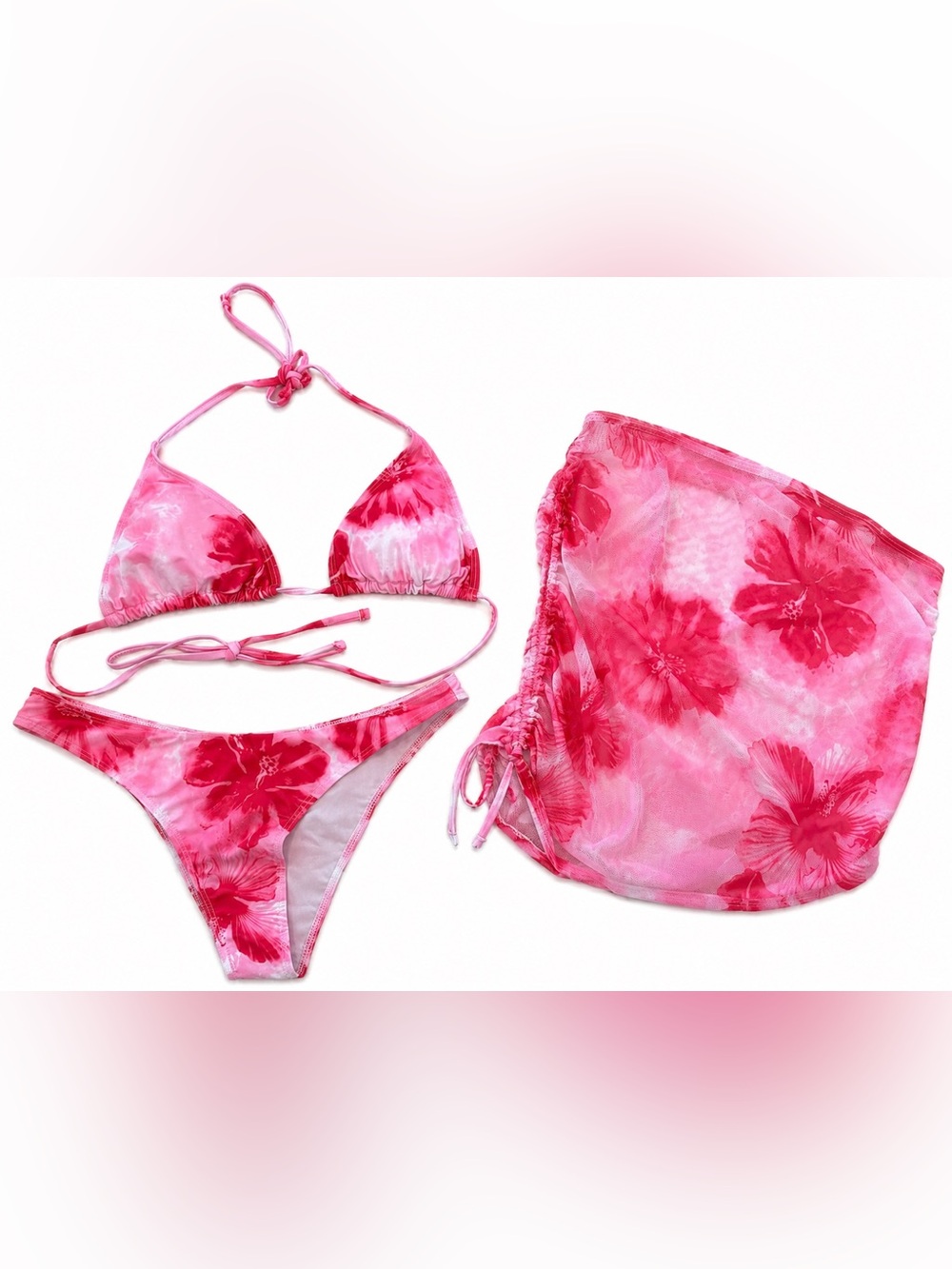 Pink Hibiscus Floral 3 Piece Bikini Set XL Y2K Mesh Sarong Tropical Swimwear